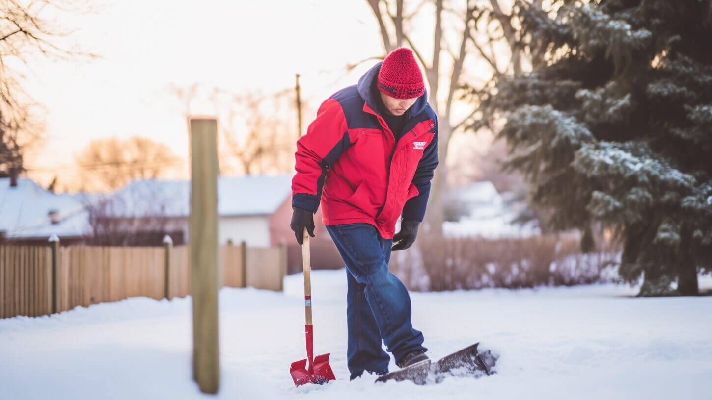 20230612_005 Person in a red jacket and knit hat shoveling snow in a backyard during a winter morning.