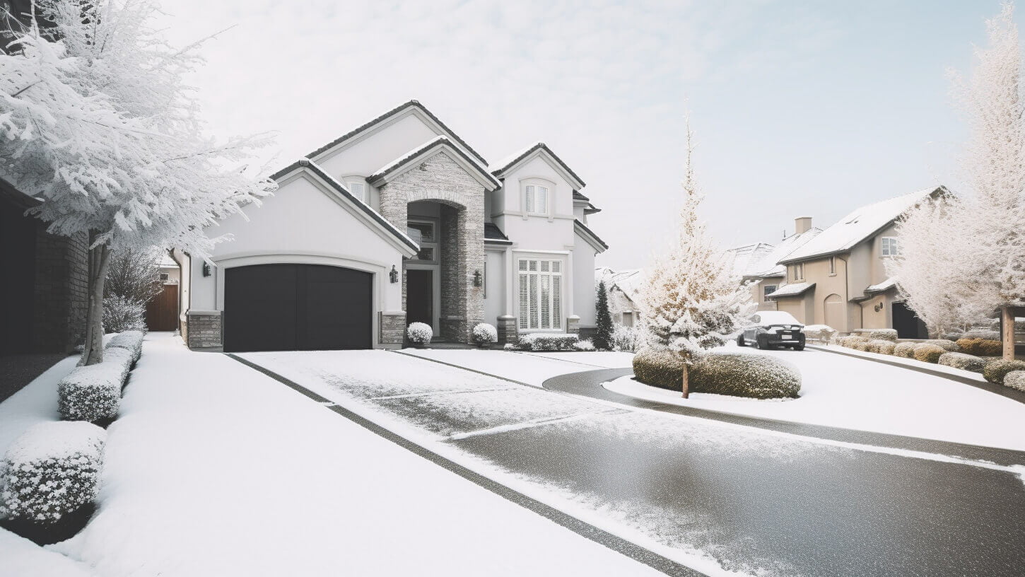 20230612_006 A suburban house with a snow-covered driveway and trees, under a cloudy sky.