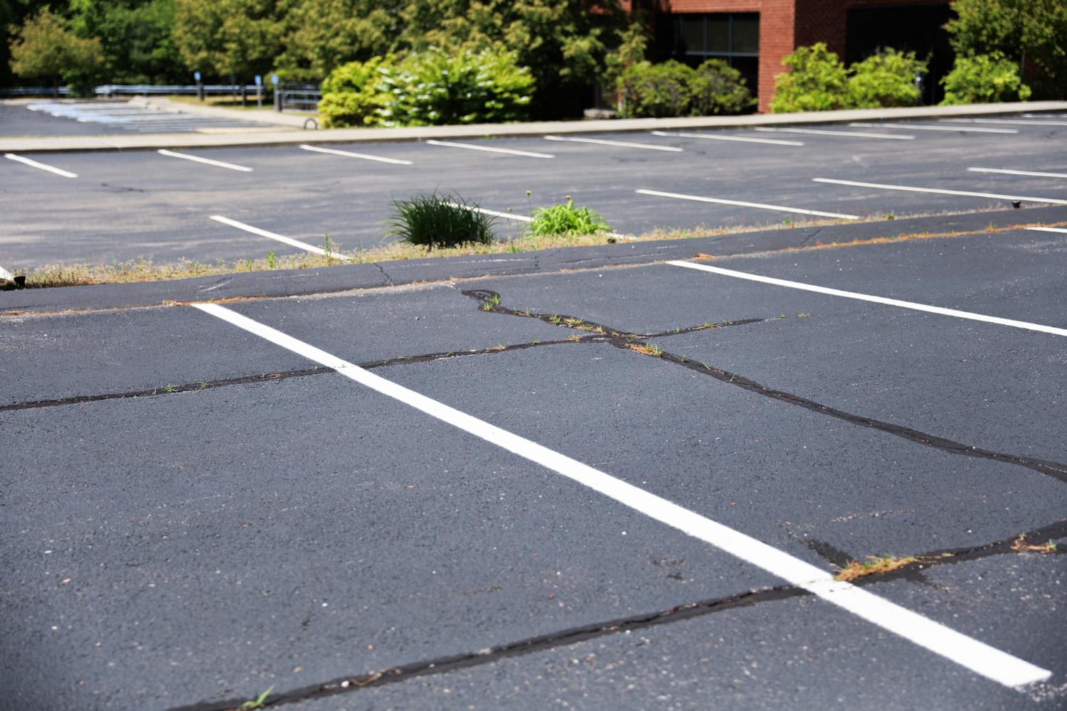 6048 Empty parking lot with cracked pavement and weeds growing between the spaces on a sunny day.